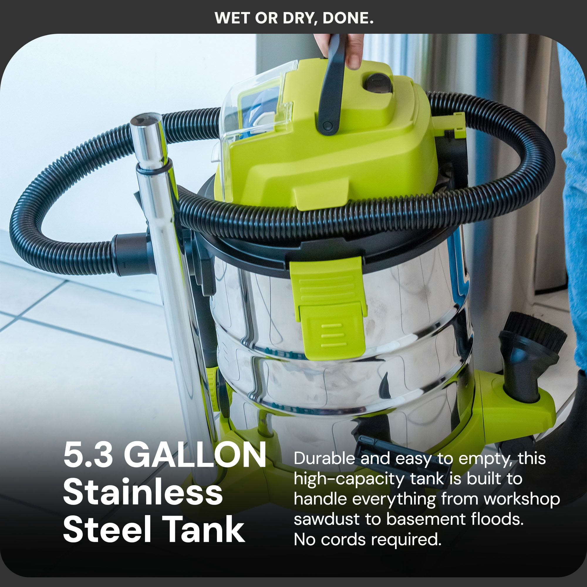 Sun Joe 24V Cordless Stainless Steel Wet or Dry Vacuum Kit, 5.3 Gallon, Green, 24V-WDV6000