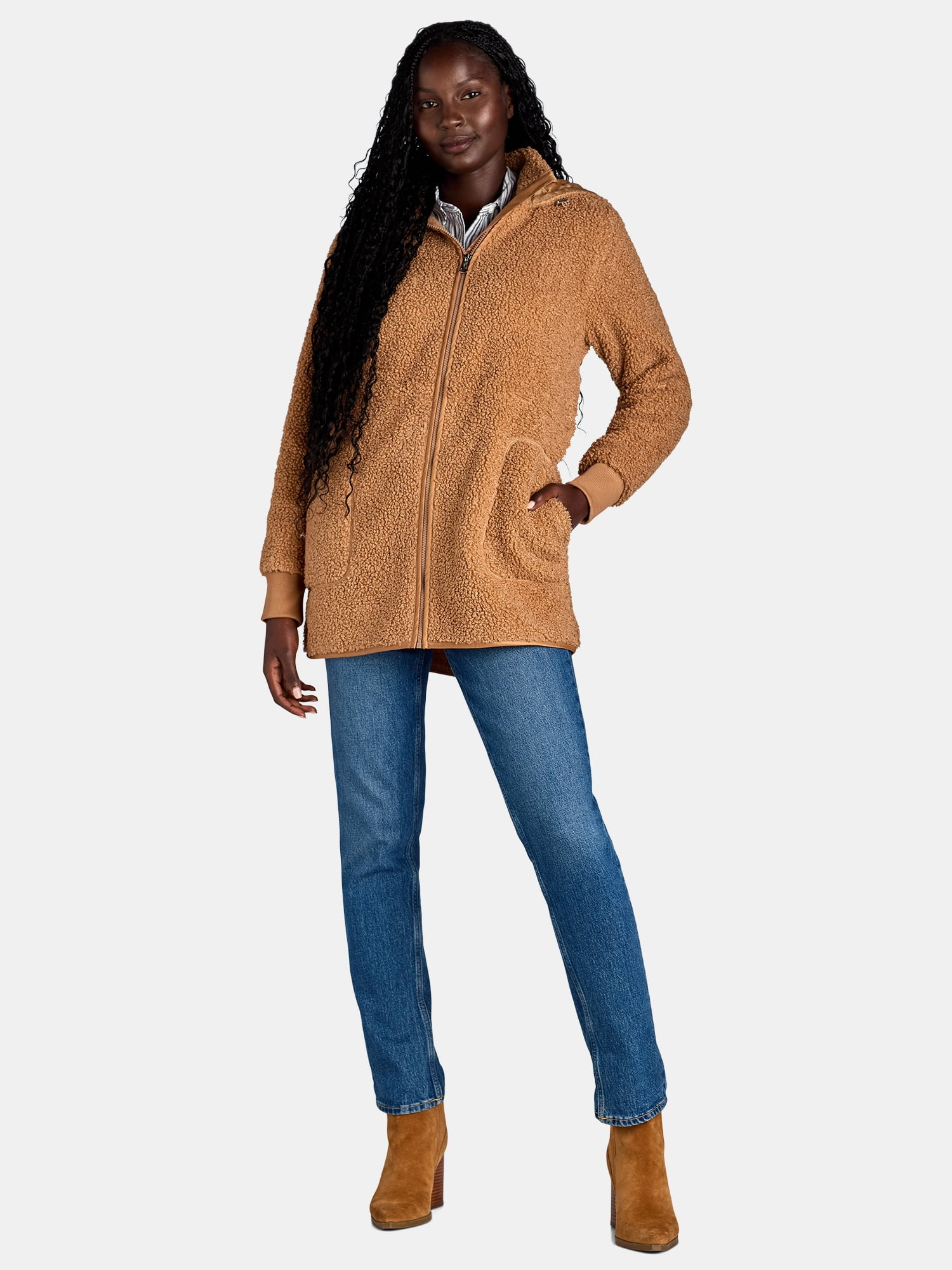 Time and Tru Women's and Women's Plus Faux Shearling Zip Hoodie