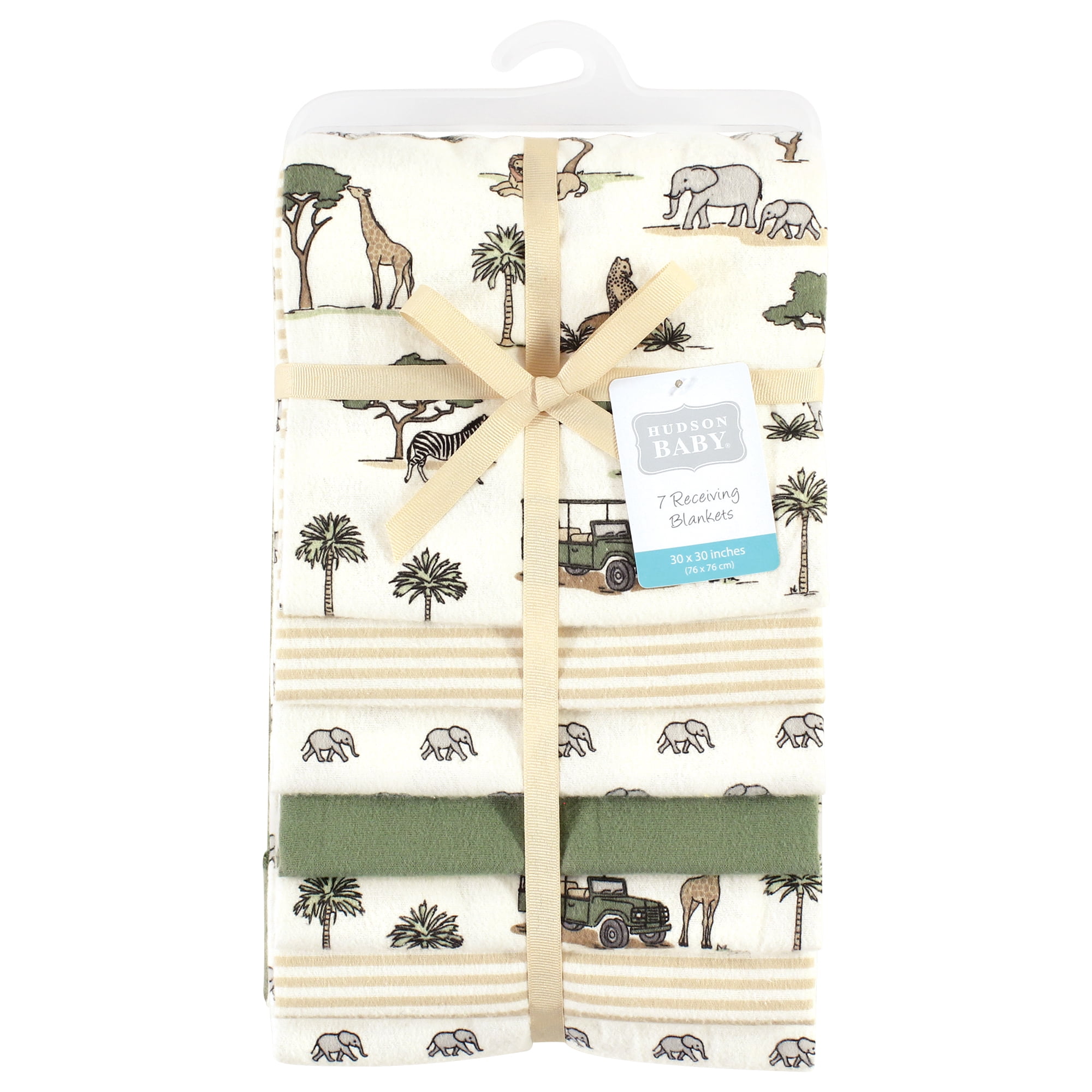 Little Treasure Hudson Baby Cotton Poly Flannel Receiving Blankets Multipack, Green Going On Safari, 30x30 inches