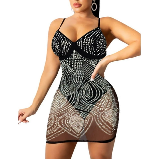 XINQIHANG Robe Moulante Sexy Élégante pour Femmes avec Strass, Robe de Soirée Longue