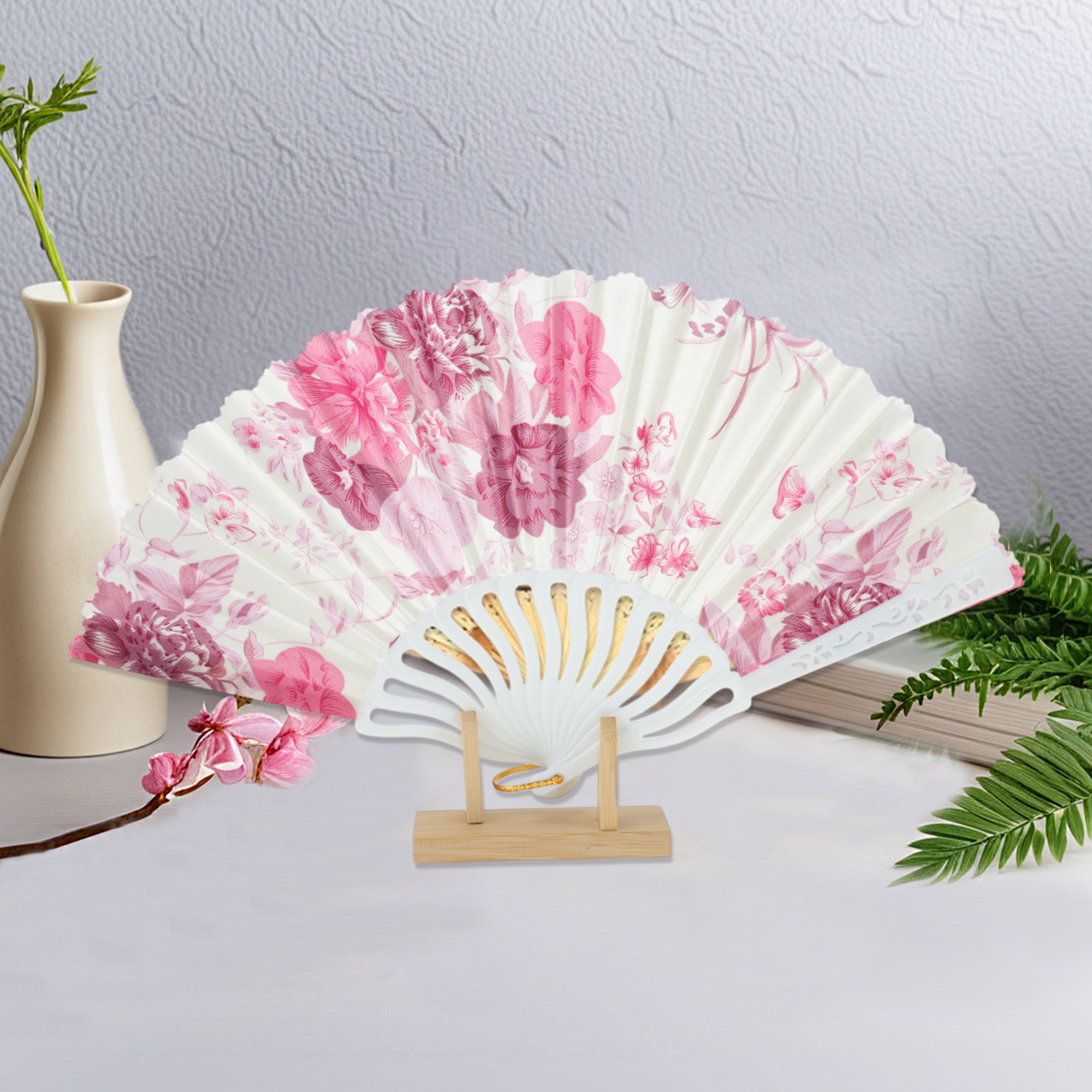 Unique Bargains Elegant Floral Design Folding Hand Fan Pink