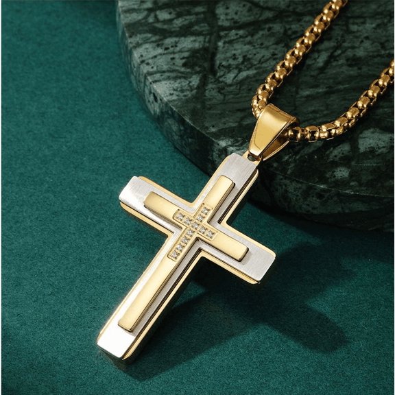 Hip Hop Three-layer Combination with Cross Men's Pendants Personalized 14K Yellow Gold Necklace Versatile Party Jewelry