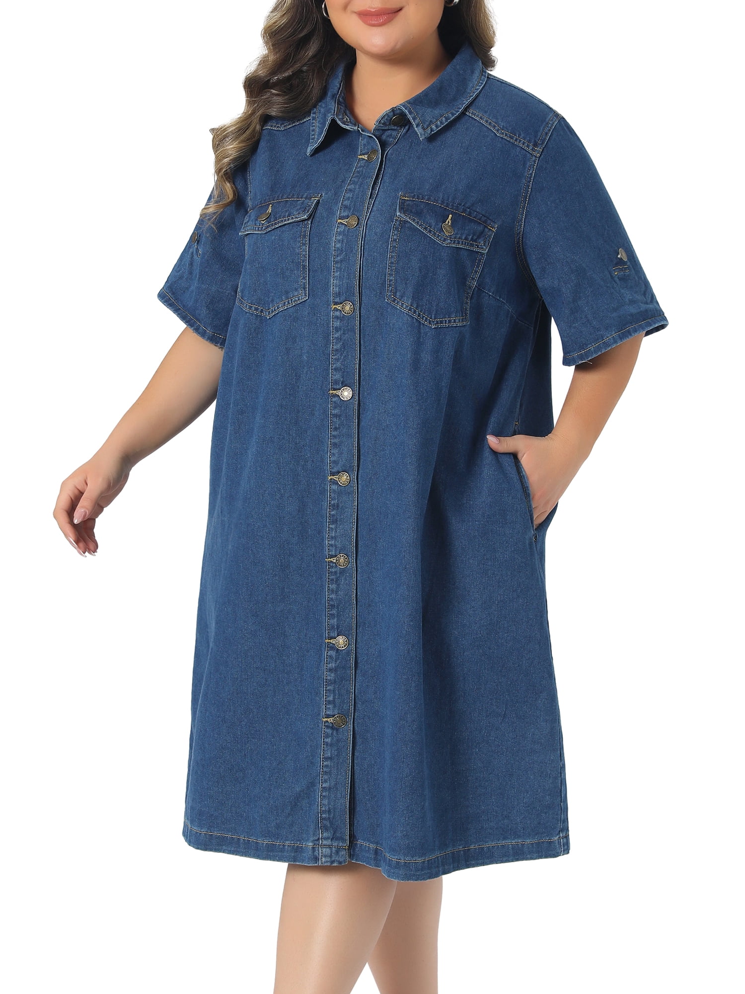 DARING DIVA Women's Plus Denim Button Down Short Sleeve Dress 3X Blue