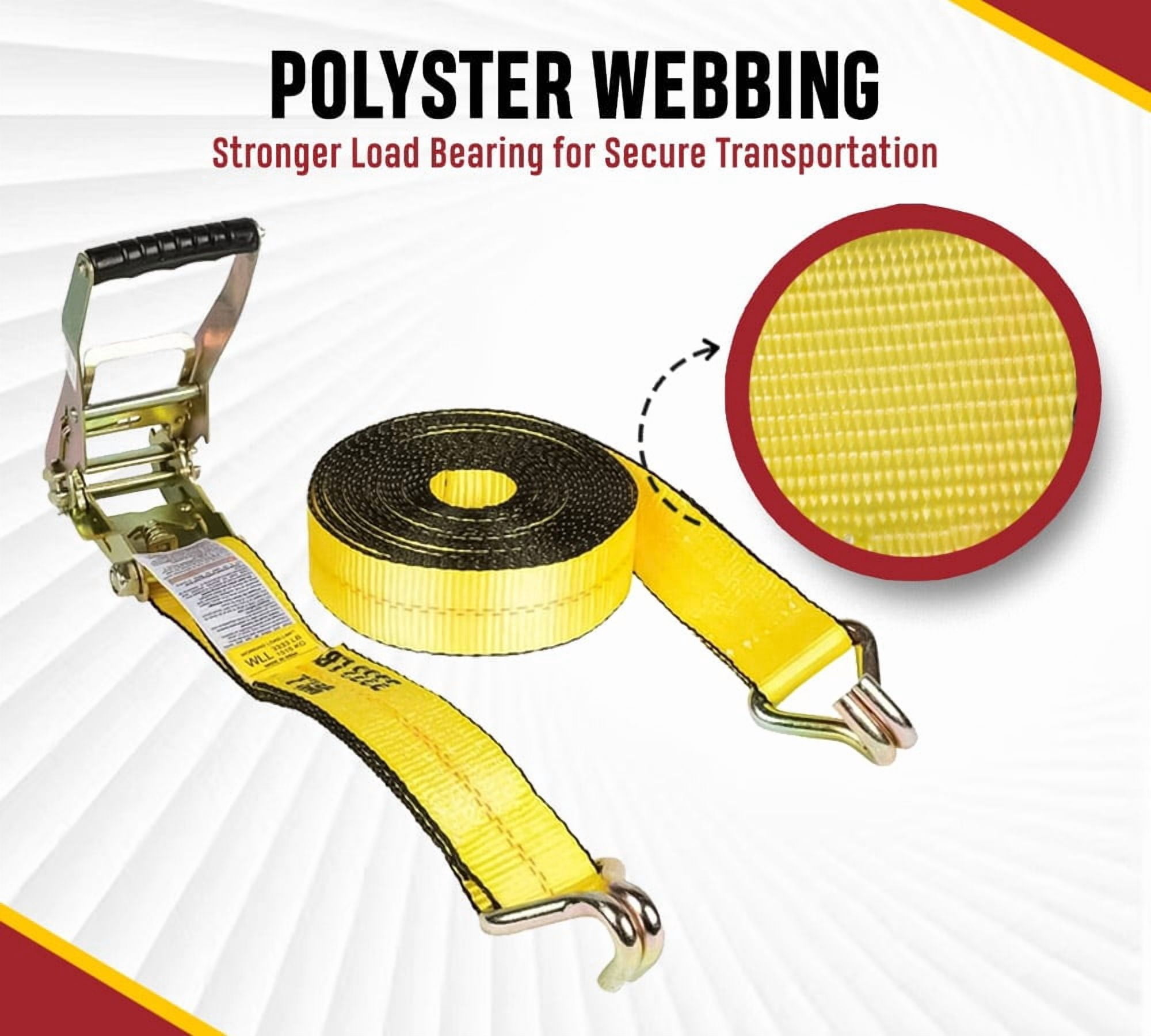 2 Pack 2 Inch x 50 FT Heavy Duty Ratchet Straps with Double J Hooks | 10,000 lbs. Breaking Strength Yellow Tie Down Straps w/Wire Hooks for Industrial Use, Trailers, Truck & Cargo.