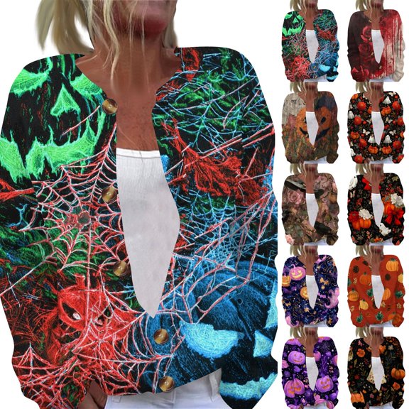 Halloween Sweaters for Women Funny Halloween Party Graphic Womens Sweaters Cardigan Button Knit Cropped Long Sleeve Fall Winter Trendy Comfy Cardigan Sweaters Green L