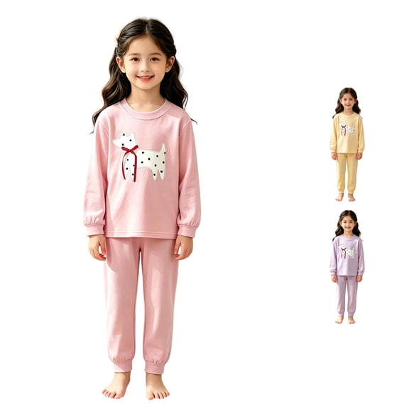 ZXLBBD Girls' 2 Piece Pajamas Set Long Sleeve Crew Neck Top Polka Dot Animal Print Elastic Jogger Pants Kids Soft Loungewear Clothes Sets,Pink,Size 6 Y-7 Y