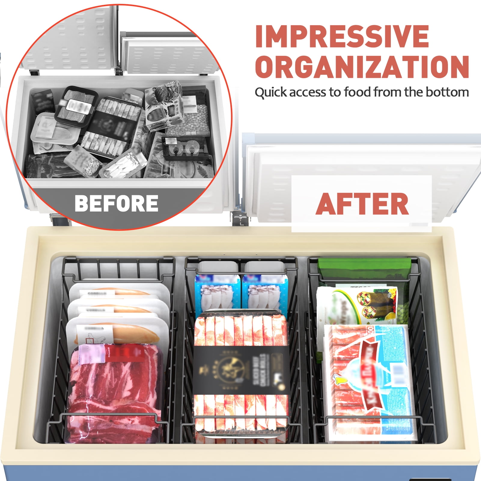 SUNALLY Freezer Organizer Bins 4 Pack, Stackable Freezer Baskets with Foldable Handle for 3.5-7 Cu.FT Deep Chest Freezer Organization, Coated Metal Storage Bins Black