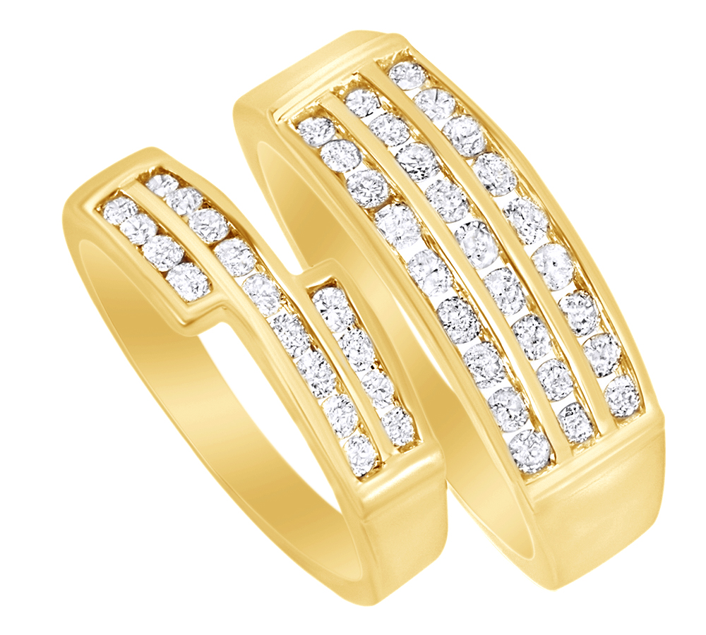 AFFY White Natural Diamond His And Hers Wedding Band Ring Set in 14K Yellow Gold (1.13 Cttw)