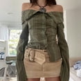 thumbnail image 2 of Off-shoulder lapel striped shirt, slim single-breasted, elegant long-sleeved knitted top, European and American clothing-Green-S, 2 of 5