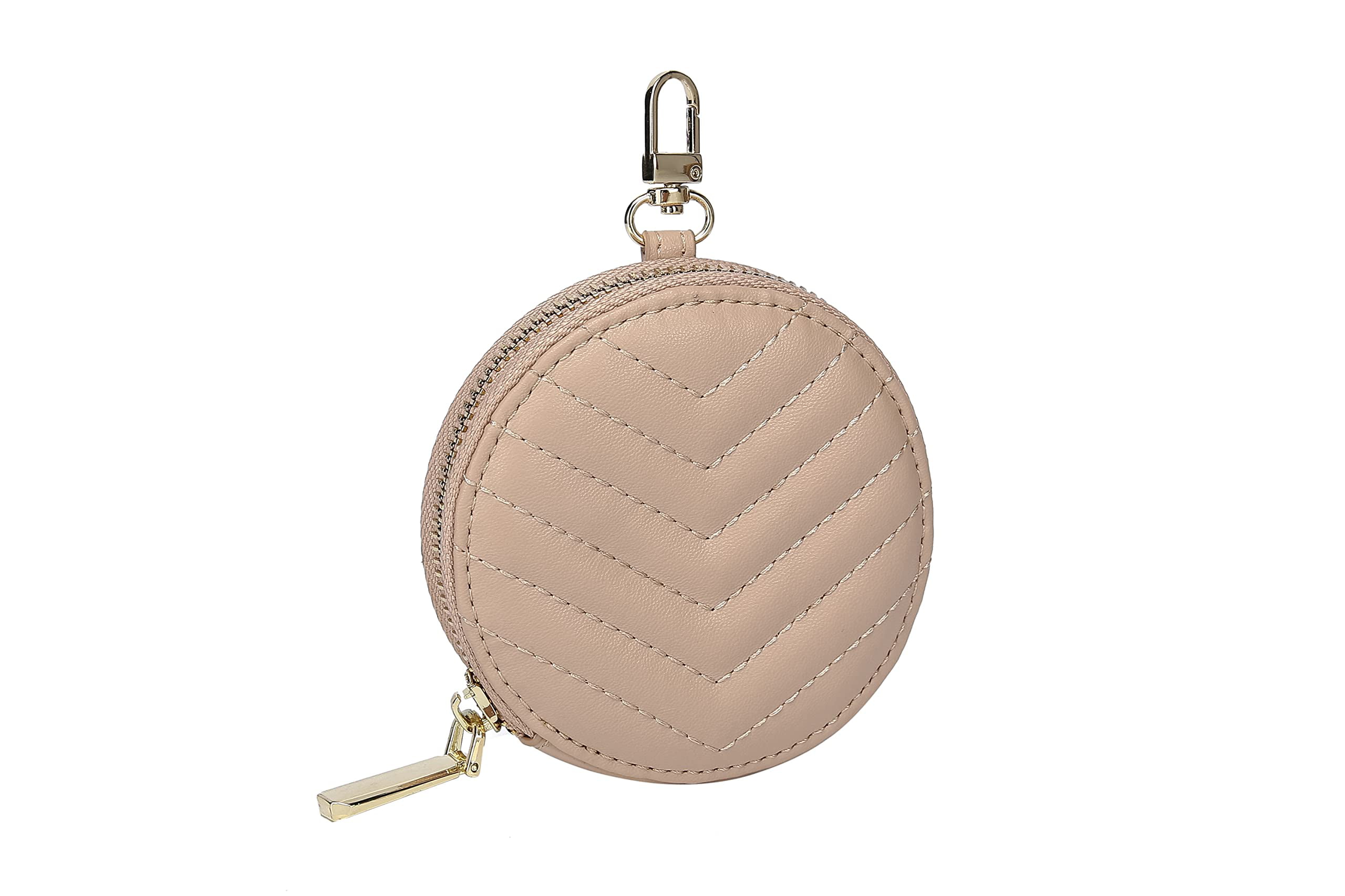 Daisy Rose Round Coin Purse Pouch Change Wallet Holder for Women with clasp  - PU Vegan Leather - Beige