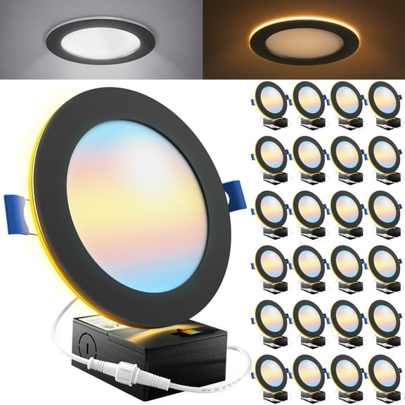 Sunco 24 Pack Black Recessed Lights 6 Inch LED, Canless with Night Light, Wafer Thin, 1500 Lumens, Selectable CCT 2700K/3000K/4000K/5000K/6000K, Dimmable, 12W, with Junction Box UL/ETL