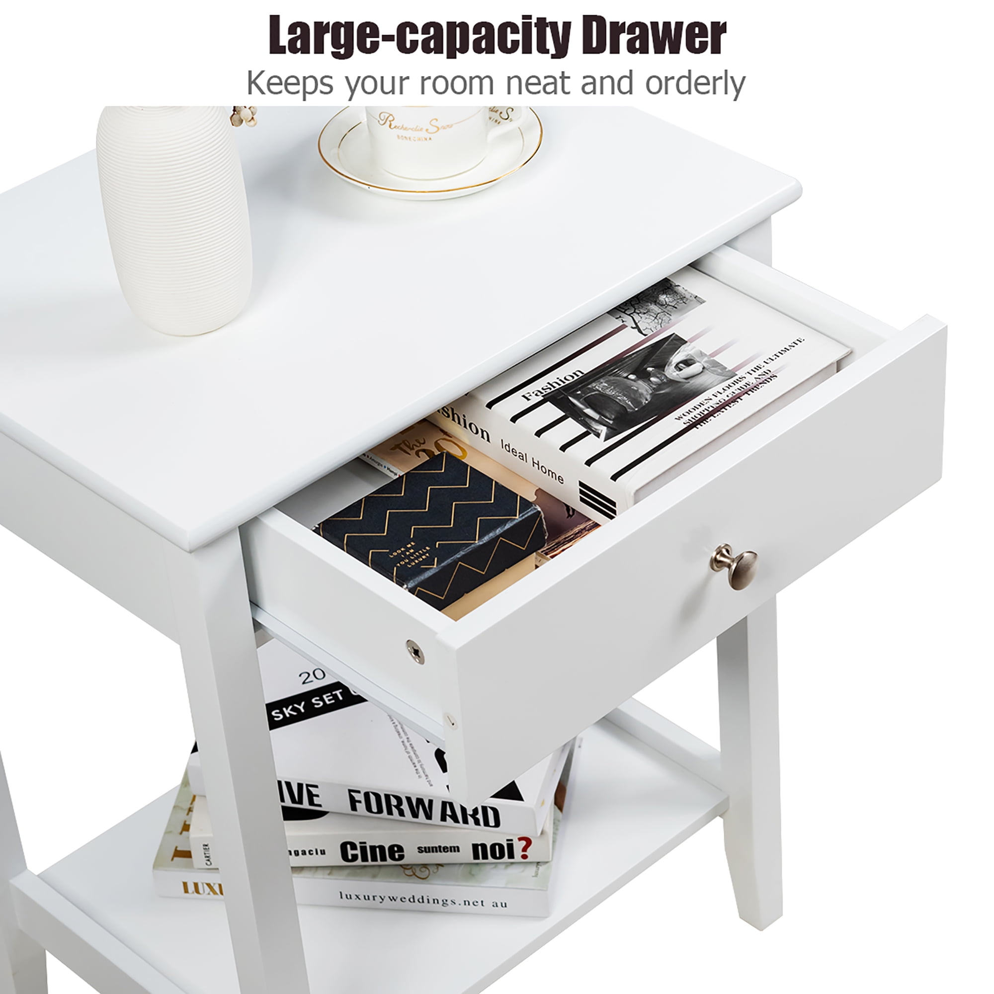 Costway Nightstand End Table Storage Display Bedroom Furniture Drawer Shelf Beside White