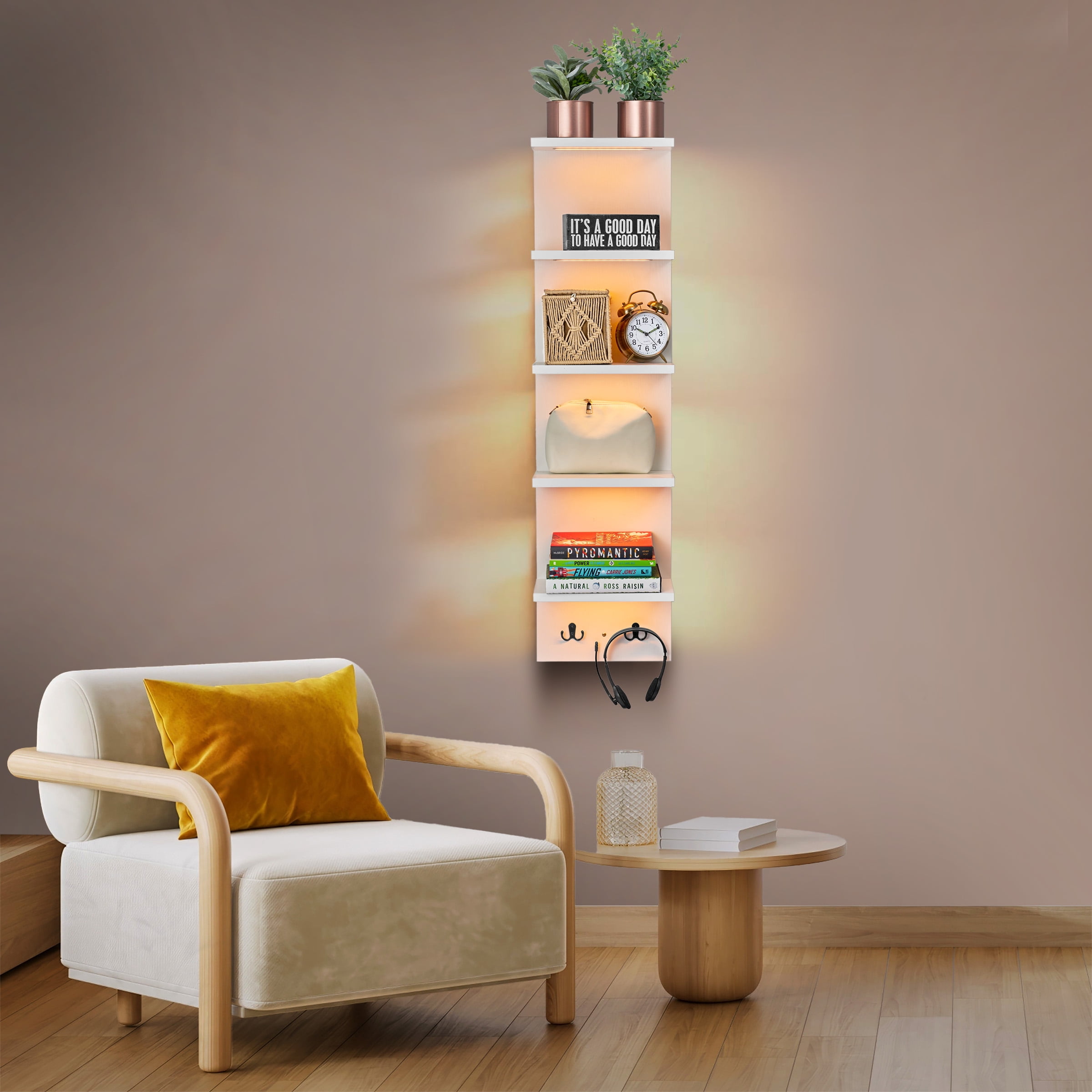 Sorbus 5 Tier White Floating Wall Shelf with LED Lights, Storage & Home Decor Display