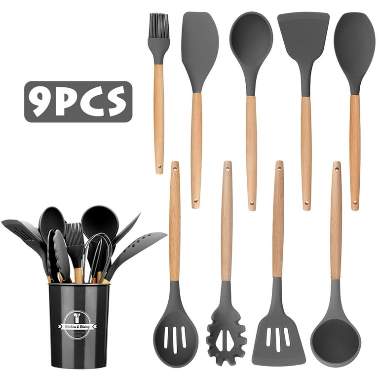 12Pcs/Set Wooden Handle Silicone Kitchen Utensils With Storage Bucket High  Temperature Resistant And Non Stick Pot Spatula Spoon