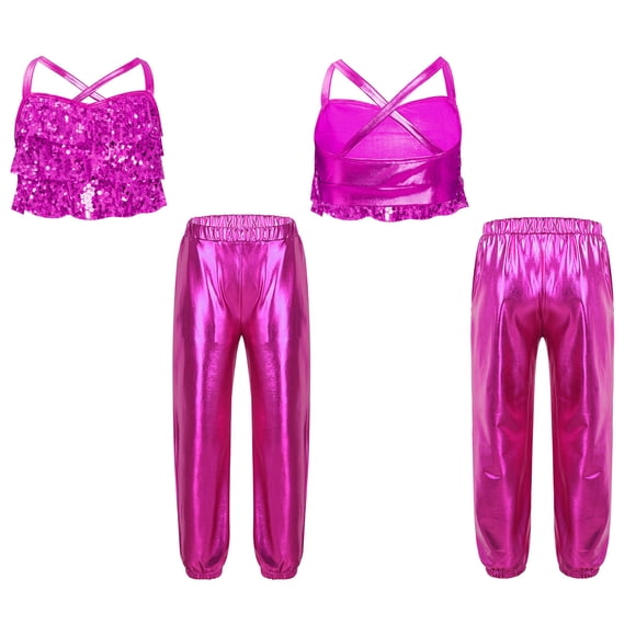 ranrann Ensemble de Costume de Danse Jazz pour Filles Haut Court Pailleté Métallique avec Volants Croisés dans le Dos pour Performance Rose Vif 14
