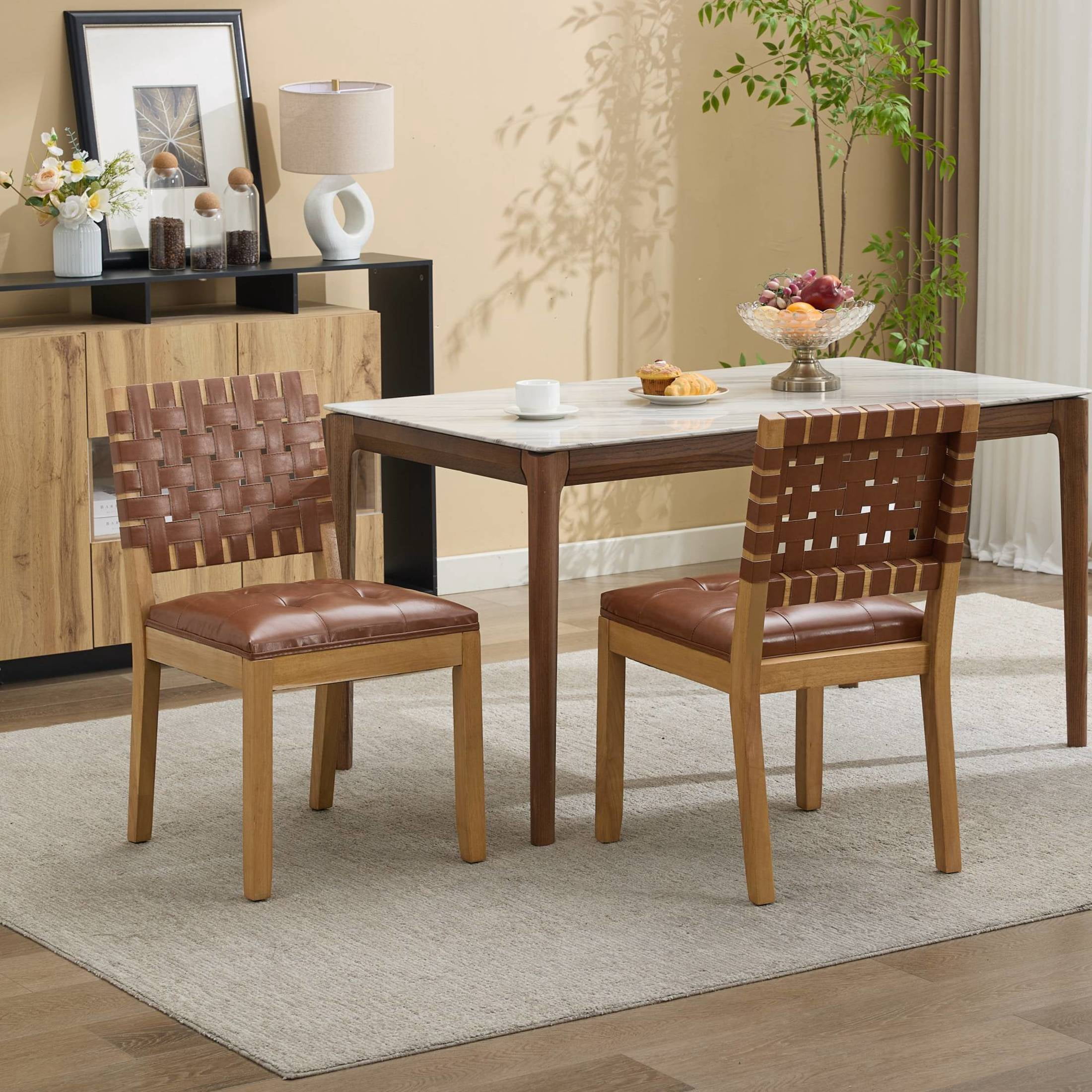 GDF Studio 22" Dining Chairs Set of 2 with Woven PU Leather Back & Button-Tufted Seat, Brown