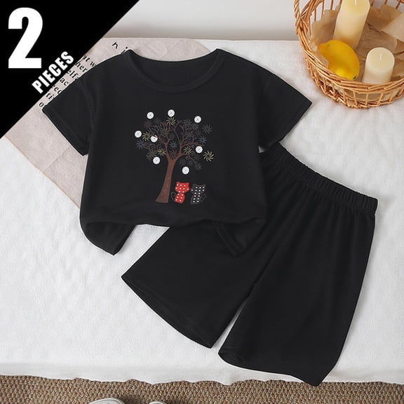 ITSAME Girls Outfits 2-Piece, Crewneck Printed T-Shirt and Shorts Loose Fit Summer Casual Clothes Set Black Size 6