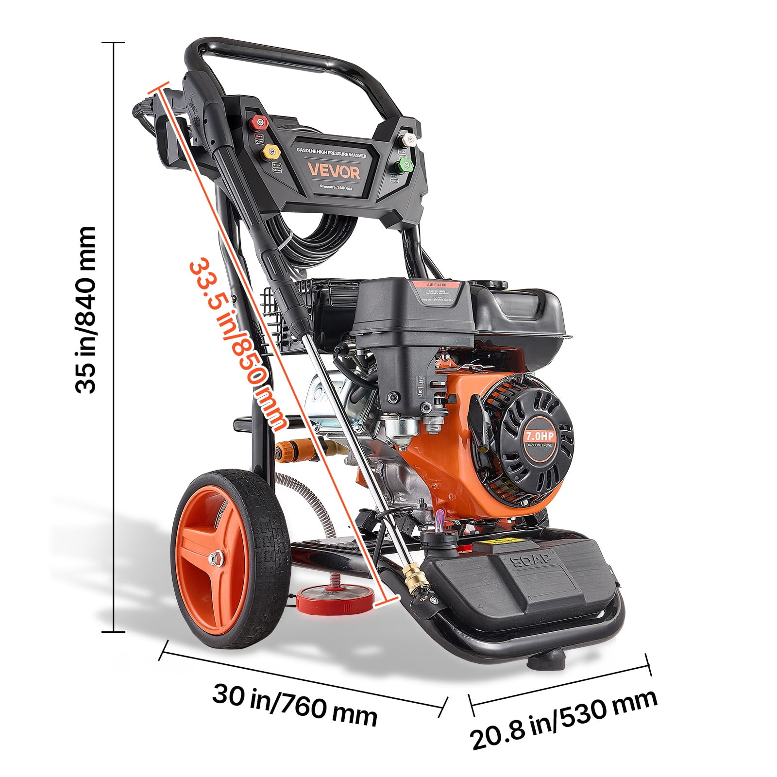 VEVOR Gas Pressure Washer 3600 PSI and 2.6 Max GPM, Full Copper Pump, Spray Gun and Wand, 5 Nozzle Set, 26 ft Hose Gas Powered Pressure Washer for Cars, Fences, Driveways, Homes, Patios, Furniture
