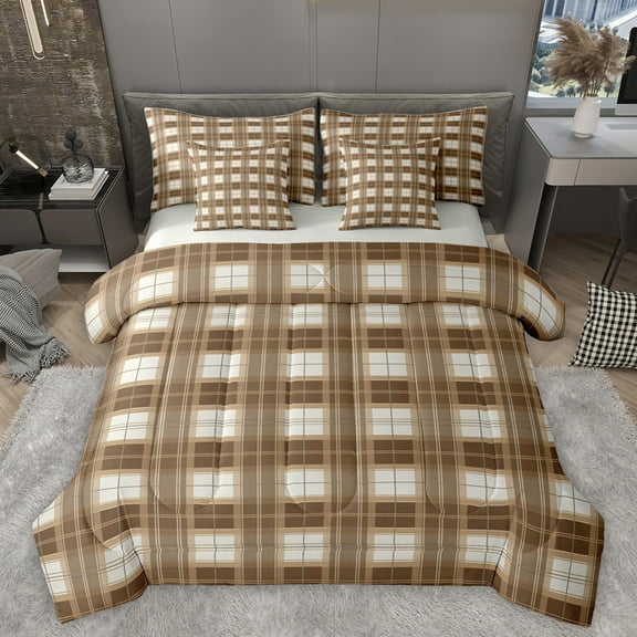 Homewish Classic Geometric Plaid 7-Piece Twin Bedding Sets,Modern Geometric Bedding Comforter Set,Brown Grid Sheet Sets For Boys Kids,Super Cozy Room Decor Reversible