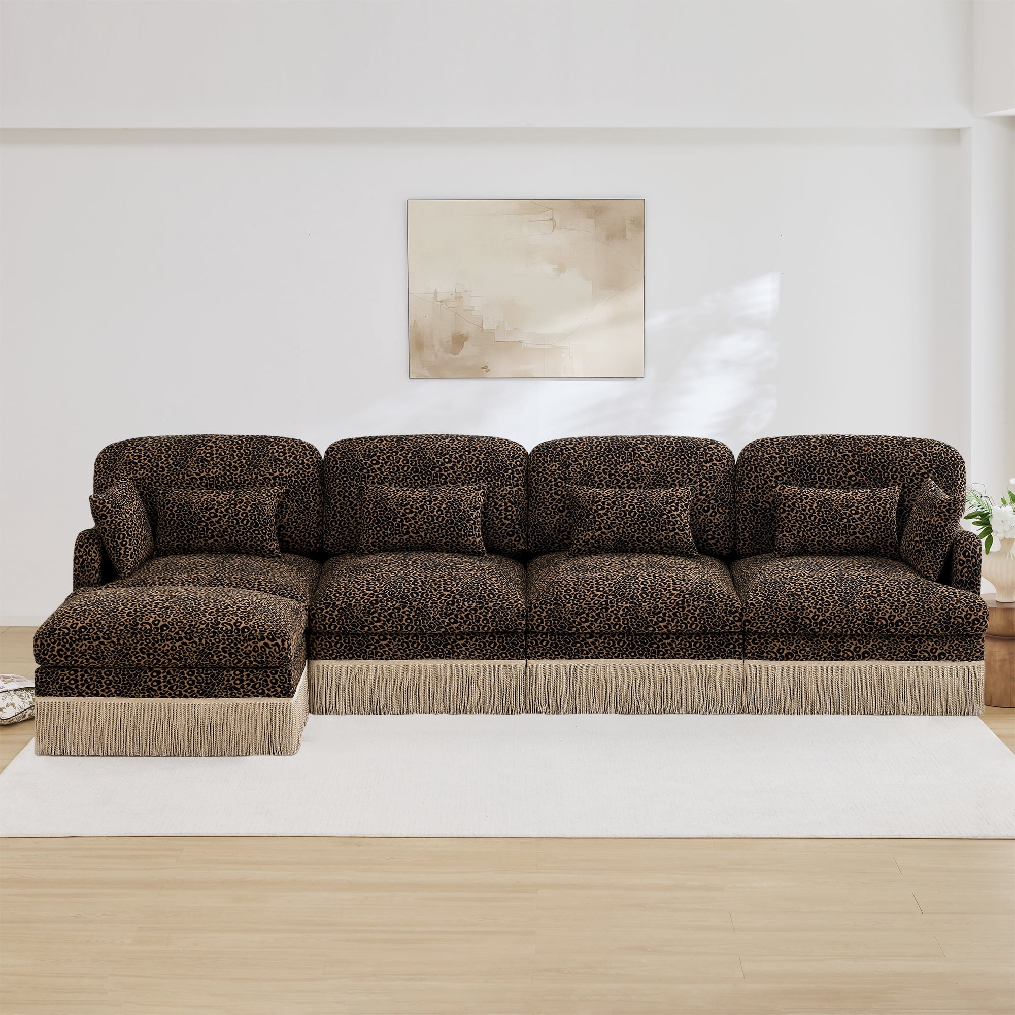 131" Chenille Leopard Tassel Deep Seat L Shape 4 Seater Modular Sofa Couch with 6 Throw Pillows and Ottoman