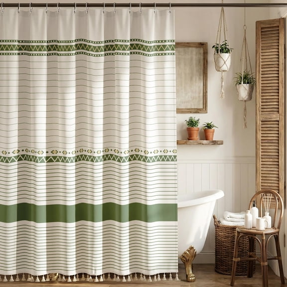 Boho Farmhouse Shower Curtain with 12 Clear Rings, Rustic Fabric Faux Linen Shower Curtain Set with Tassels, Striped Shower Curtain for Bathroom 72" W x 84" L