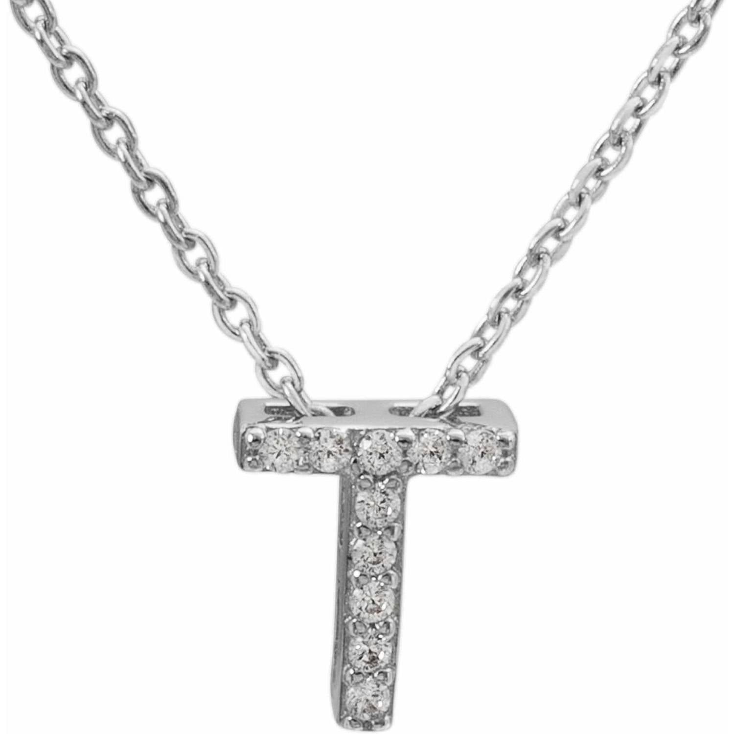 CZ Sterling Silver Block Initial "T" Necklace, 18" Chain