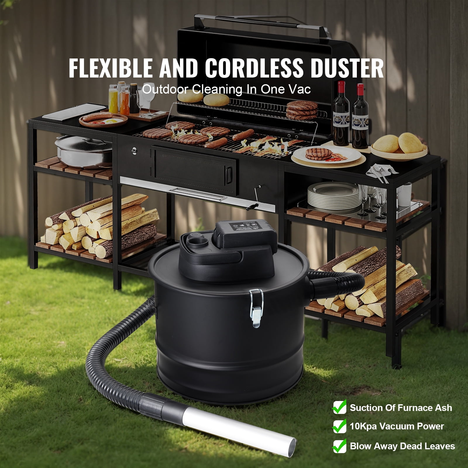 KFFKFF Ash Vacuum, 15L, Strong Suction, Reversible Airflow, 5.9 ft Cord, 10 Kpa Vacuum Power, Ideal for Fireplaces, Pellet & Wood Stoves, Black