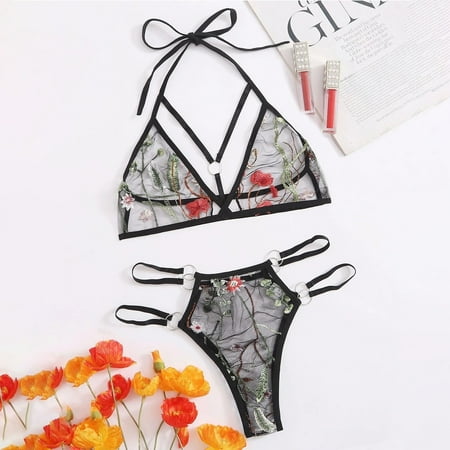 

YDKZYMD Womens Black Lingerie Set Embroidery Sheer Sexy Nightdress Halter Mesh Bandage Lingerie 2 Piece S-3XL