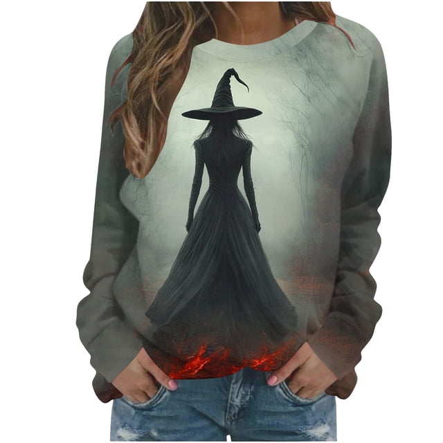Tnhcen Chandail en Molleton Oversize à Col Rond pour Femmes Automne Halloween - Chandail Imprimé Effrayant à Manches Longues Décontracté Quotidien & Coupe Ample pour P-3TG