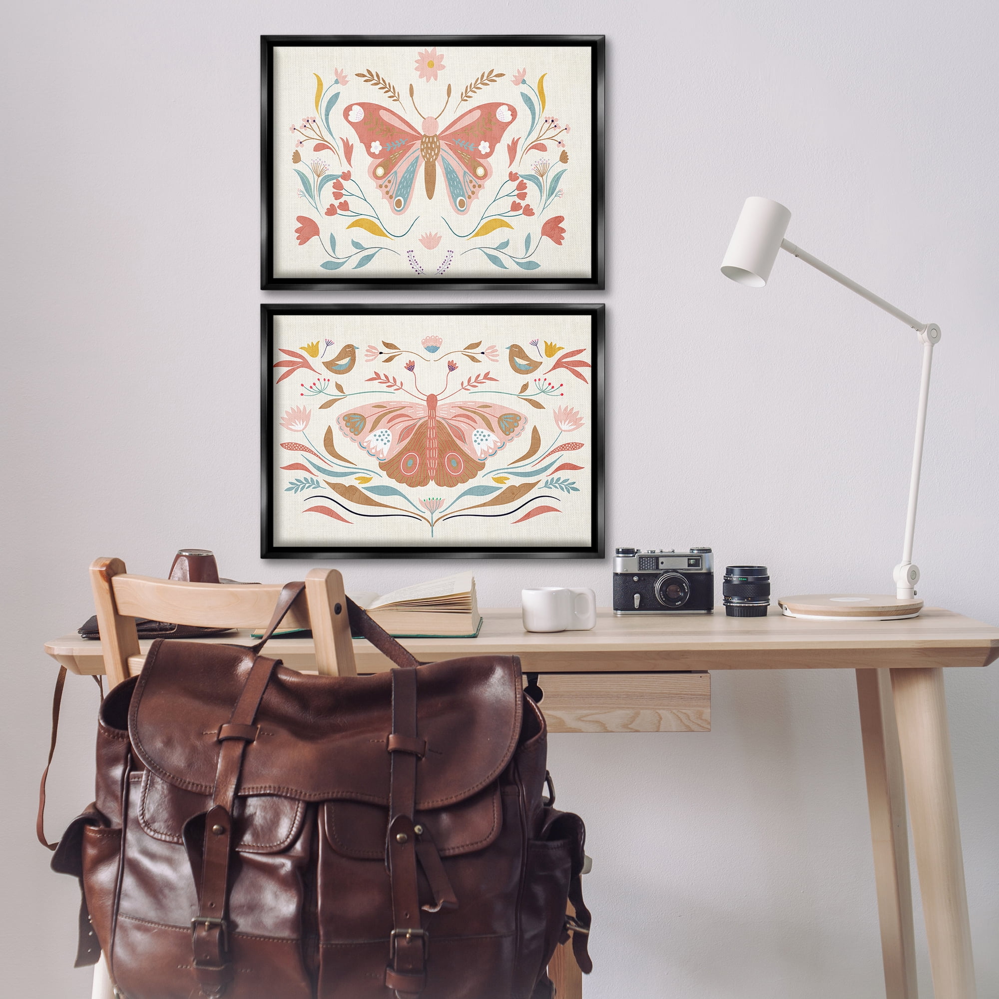Stupell Industries Folk Butterflies & Florals Insects Painting Black Floater Framed Canvas Art Print Wall Art, 25 x 17, Set of 2