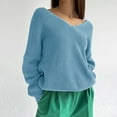 thumbnail image 2 of XFLWAM Women's Solid Color Sweater V-Neck Long Sleeve Sweater Pullover Jumper Knit Top Blue M, 2 of 7