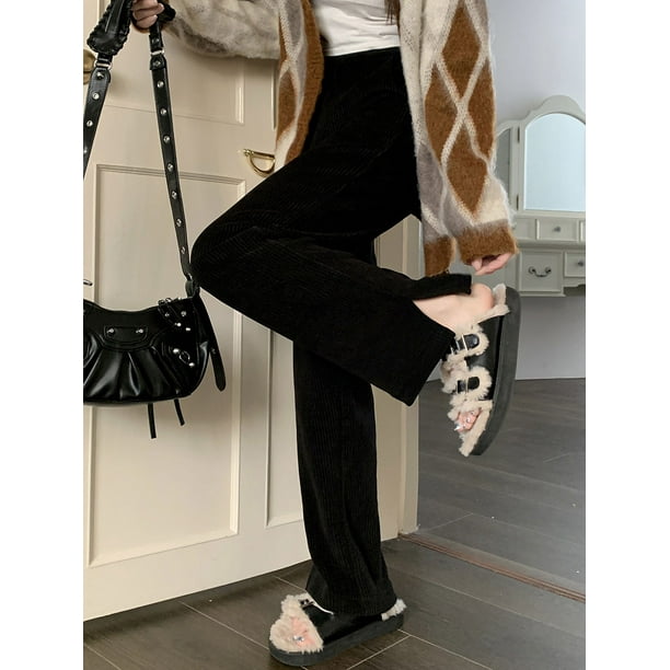 Pantalones casuales de pierna ancha para mujer, pantalones de pierna recta de cintura alta engrosados de otoño e invierno, pantalones casuales con abertura suelta, pantalones de pana