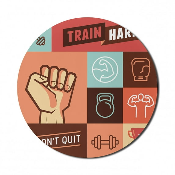 Fitness Mouse Pad for Computers, Gym Trainings Achievement Victory Strength Determination Don't Quit Phrase, Round Non-Slip Thick Rubber Modern Gaming Mousepad, 8" Round, Multicolor, by Ambesonne