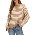 thumbnail image 2 of Women's Long Sleeve Sweater Striped Oversized Sweaters Casual Crewneck Knit Tops Khaki L, 2 of 10