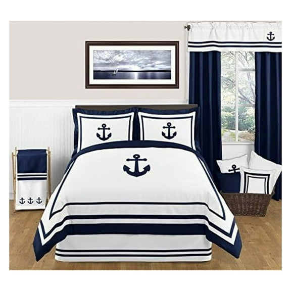 Exlonjet Navy and White Queen Bed Skirt for Anchors Away Nautical Boys Bedding Sets
