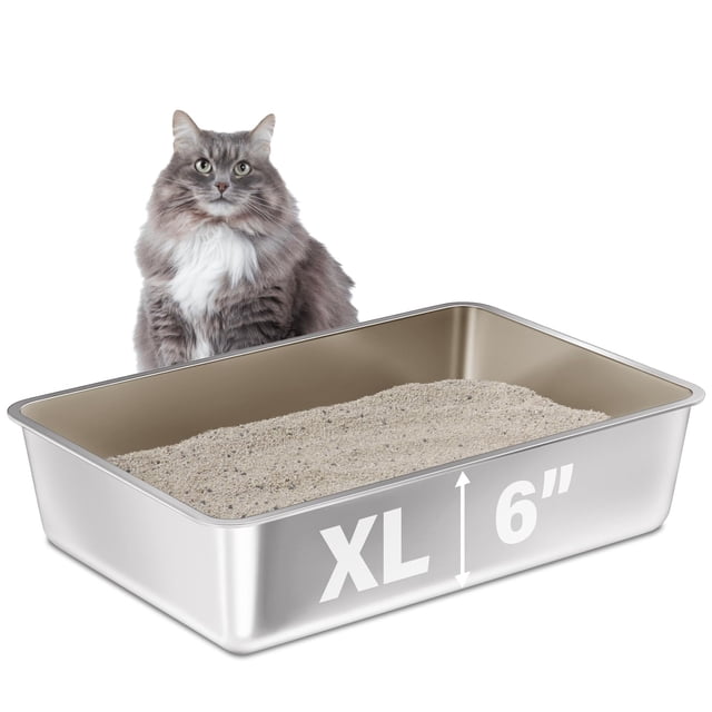 Caja de arena para gatos FUTAM de acero inoxidable extra grande, 60 x 40 x 15 cm