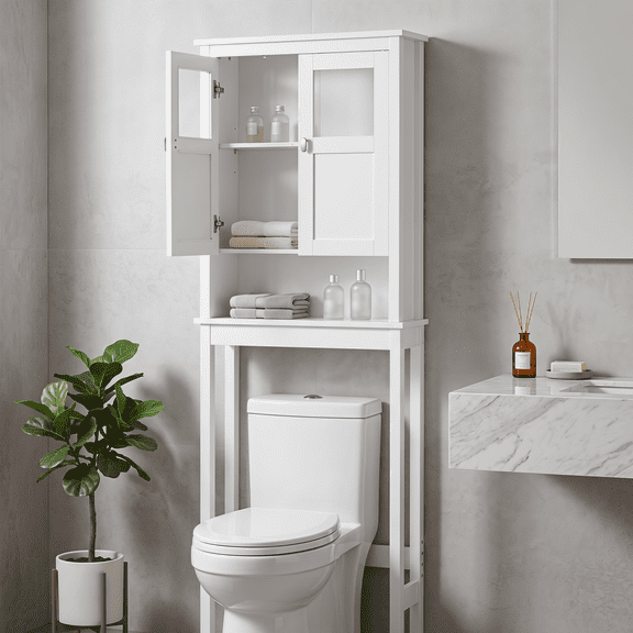 PAWON Over The Toilet Storage Cabinet, Bathroom Space Saver, Wood Storage Cabinet with Glass Doors and Open Shelf, White
