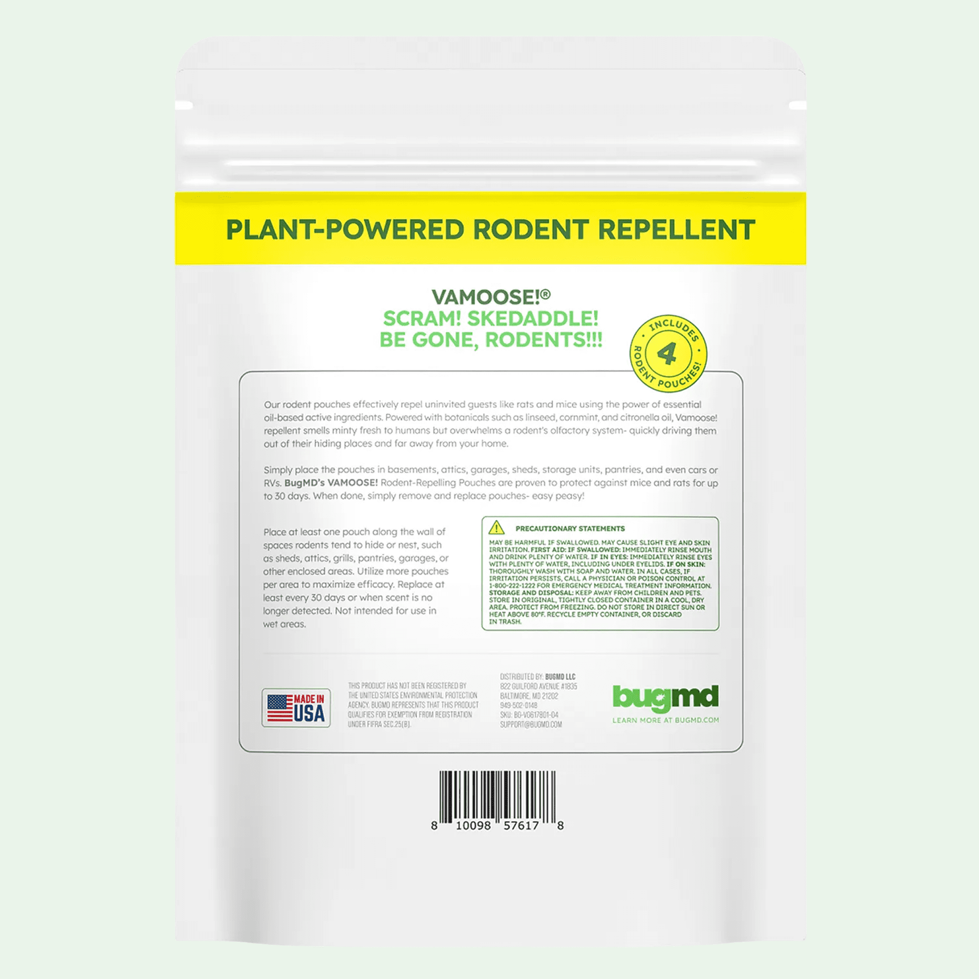 BugMD Vamoose Mouse & Rat Repellent Pouches for Home & Car Engines, Cornmint Oil,4 Pouches