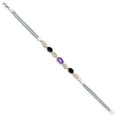 thumbnail image 3 of 925 Silver and 10K Yellow Gold Purple Amethyst and Black Onyx and White Lab Grown Diamond Bracelet for Women (1.61 Cttw, Gemstone February Birthstone, Oval Checkerboard, Wheat Chain, 7 inches), 3 of 5