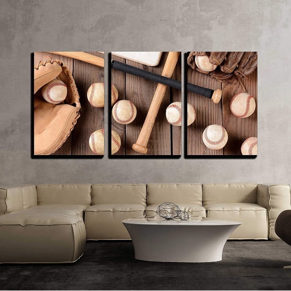 wall26 Canvas Print Wall Art Baseball Bat, Ball & Mitt on Wood Panels Sports Athletes Photography Modern Rustic Relax/Calm Multicolor Colorful for Living Room, Bedroom, Office - 16"x24"