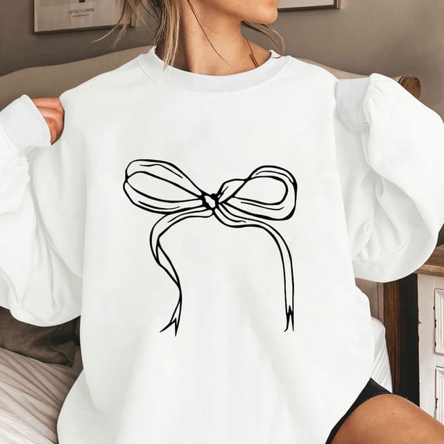 TIMIFIS Chandails en Molleton Blancs pour Femmes Col Rond Manches Longues Pull Oversize Tenues Décontractées Printemps Automne Imprimé Nœud Pulls pour Femmes - Printemps/été