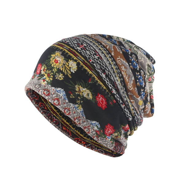 Minnieouse Slouchy Beanie Hat Estilo bohemio Hijab preatado Estampado floral Turbante Protección auditiva Mujeres Sleep Loss Bonnet Negro floral Type3 NO3