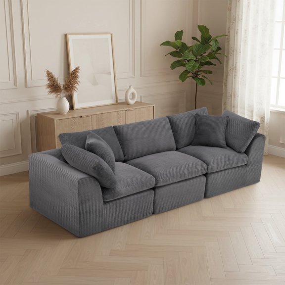 108'' Corduroy Sectional Sofa, Modern Boneless Cloud Couch with Deep Seat, 3-Seater Modular Sofa for Living Room, No Assembly Required, Dark Gray