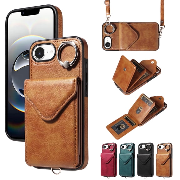 Allytechgroup for iPhone 16e/ iPhone 17e Wallet Case, Premium PU Leather Back Cover with Cards Slots Shoulder Strap Ring Holder Kickstand Shockproof Shell for iPhone 16e/ iPhone 17e, Brown