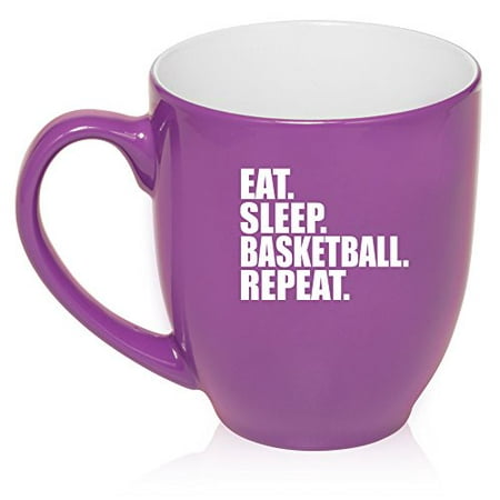

16 oz Large Bistro Mug Ceramic Coffee Tea Glass Cup Eat Sleep Basketball Repeat (Purple)