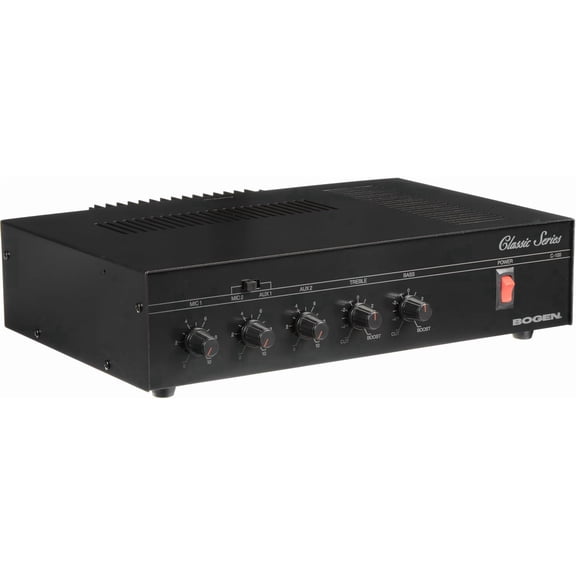 Bogen C100 Public Address Mixer Amplifier, 100 Watts, 4 Input Mixer Amp, 70V/25V 16 Ohm Speaker Outputs, Treble and Bass Controls, Thermal Protection and Electronic Shutdown, Rack Mountable