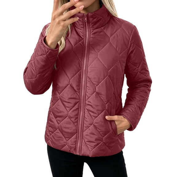 Manzbdm Women's Diamond‑Quilted Lightweight Jacket, Stand‑Collar Zip‑Up Short Padded Coat with Pockets, Casual Outerwear for Fall Winter
