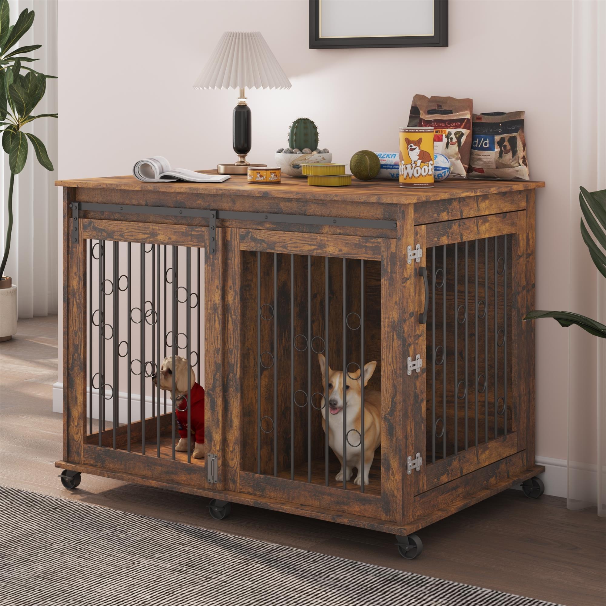 Pefilos 43" Dog Crate for Large Dogs Sliding Door Wooden Dog Cage with