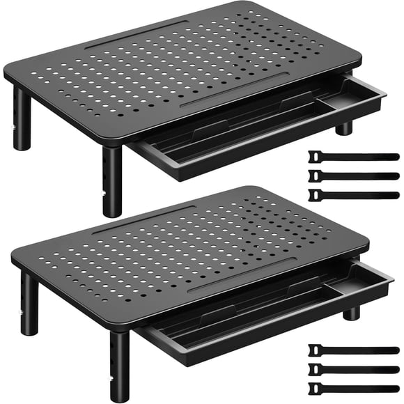 2 Pack Adjustable Monitor Stand Riser with Drawer Ergonomic Mesh Platform Computer Stand for Desk Laptop PC Supports 44 lbs Cable Management