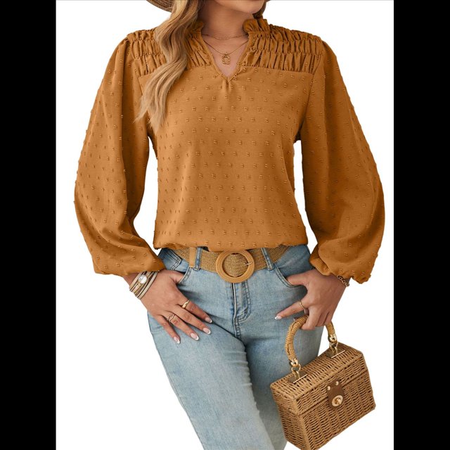 Blusa de Larga con Cuello en V para Mujer, Elegante, Informal, con Pompones, Estilo Primaveral. Amarillo M